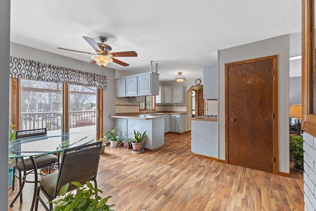 dining space featuring ceiling fan, sink, light hardwood / wood-style floors, and a textured ceiling