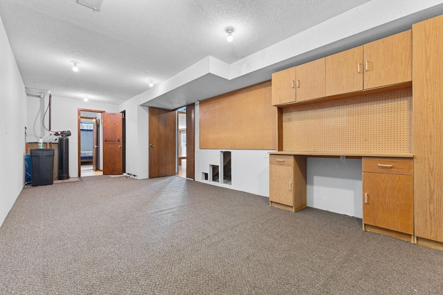 basement with carpet flooring, built in desk, and a textured ceiling