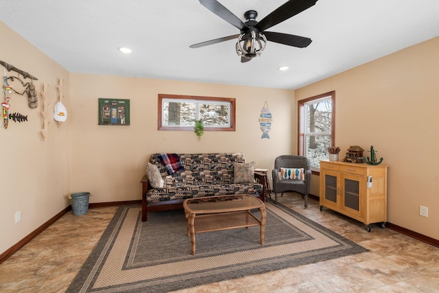 living room with ceiling fan