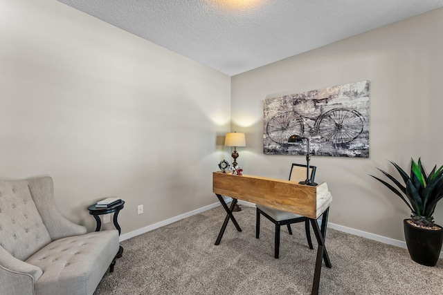 carpeted home office featuring a textured ceiling