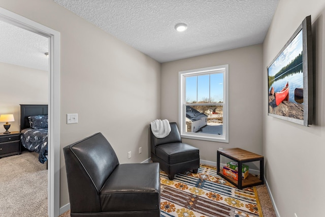 sitting room featuring carpet floors and a textured ceiling