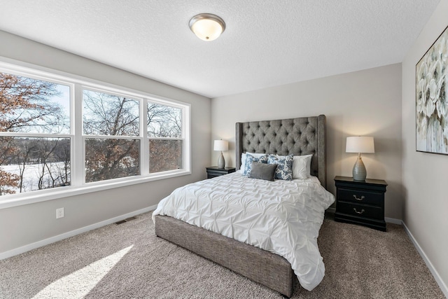 carpeted bedroom with a textured ceiling