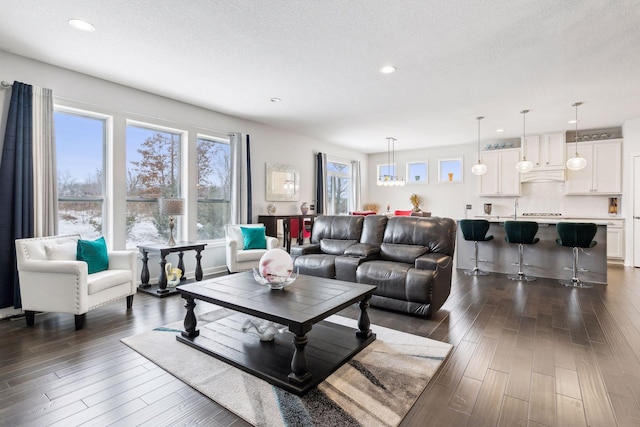 living room with dark hardwood / wood-style floors, sink, and a textured ceiling