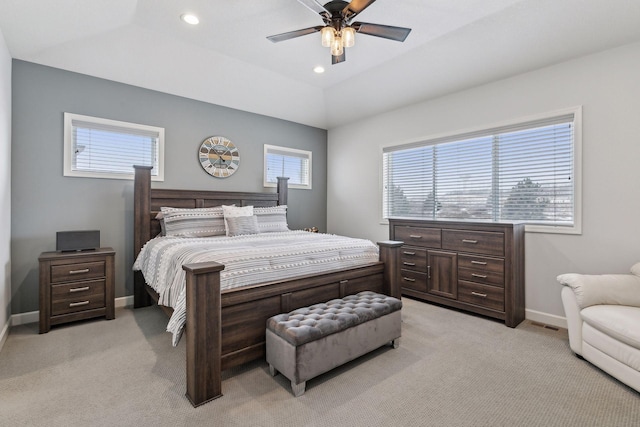 bedroom featuring ceiling fan and light colored carpet