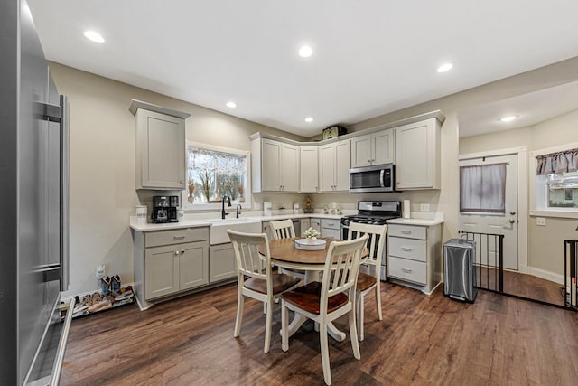 kitchen featuring appliances with stainless steel finishes, sink, gray cabinetry, and dark hardwood / wood-style floors