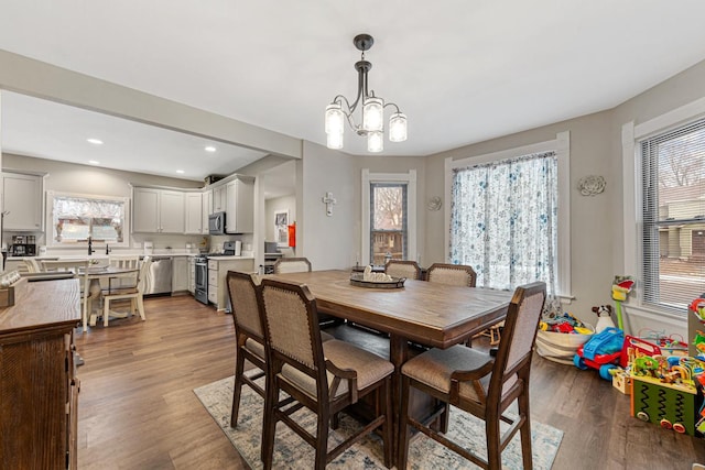 dining area with a chandelier, a healthy amount of sunlight, and wood-type flooring