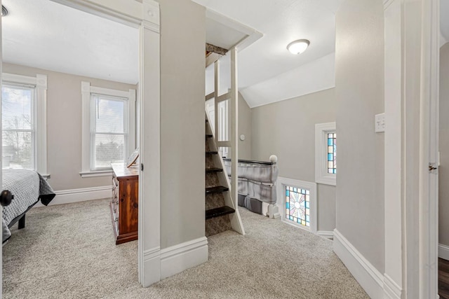 stairway with carpet, a wealth of natural light, and lofted ceiling