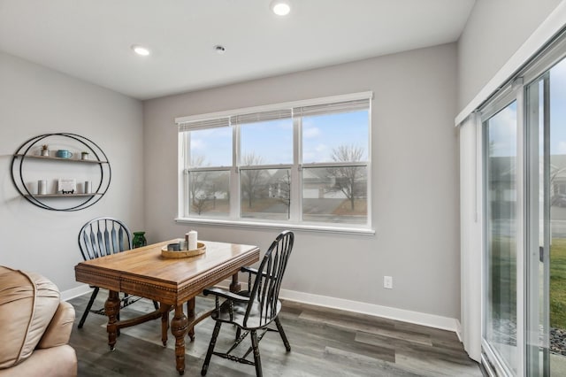 dining space with dark hardwood / wood-style floors