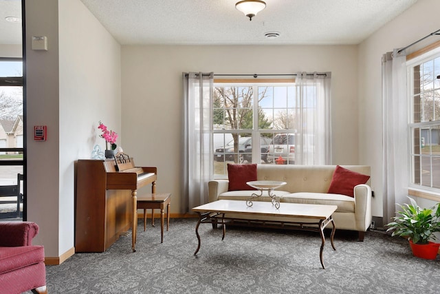 sitting room with carpet flooring and a textured ceiling