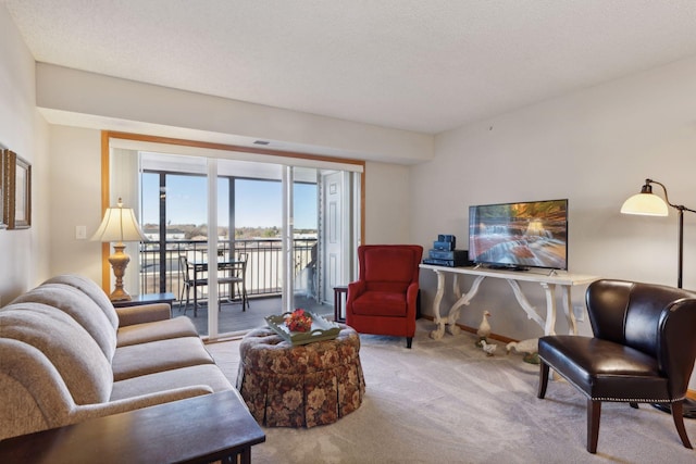 living room with light colored carpet and a textured ceiling