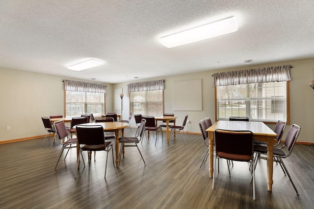 dining room with dark hardwood / wood-style floors and a textured ceiling