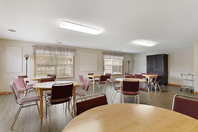 dining space with hardwood / wood-style flooring and a textured ceiling