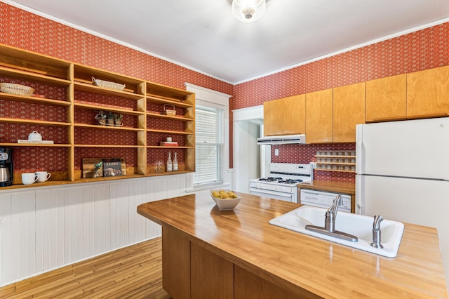 kitchen with under cabinet range hood, butcher block counters, hardwood / wood-style floors, white appliances, and a sink