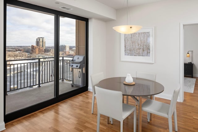 dining area with expansive windows and wood-type flooring