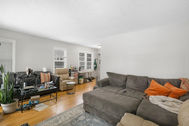 living room with light hardwood / wood-style floors and a textured ceiling