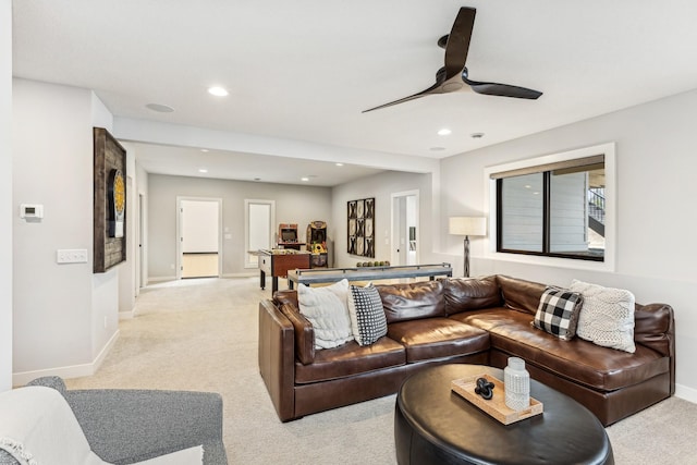 living room with billiards, light colored carpet, and ceiling fan