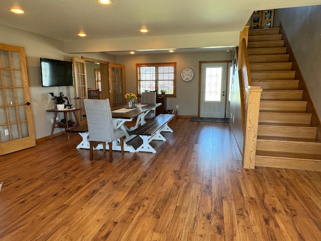 310 7th St SW, Roseau, MN 56751 - living area with recessed lighting, stairs, hardwood / wood-style floors, and baseboards