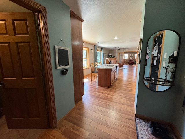310 7th St SW, Roseau, MN 56751 - hall with recessed lighting, a sink, light wood-style floors, baseboards, and a textured ceiling