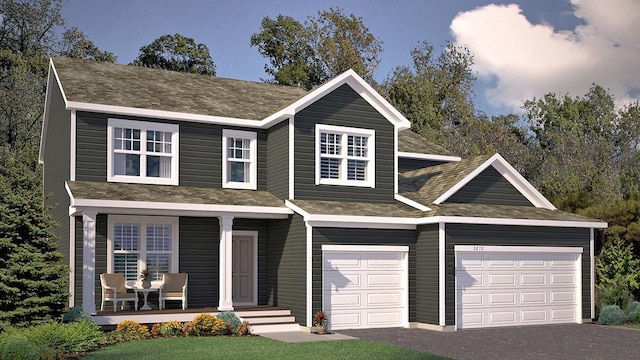 view of front of home with a porch and a garage