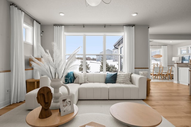 living room featuring light hardwood / wood-style floors and a textured ceiling