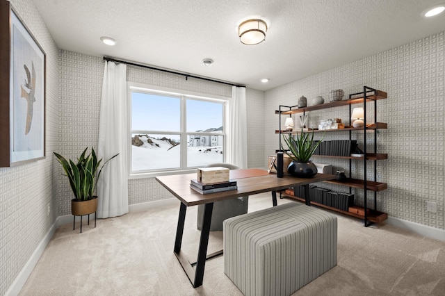 office area with light colored carpet and a textured ceiling