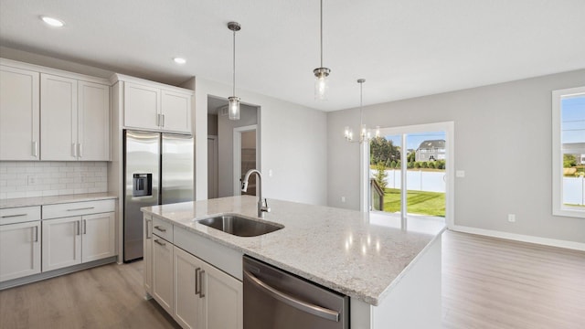 kitchen featuring decorative backsplash, sink, hanging light fixtures, appliances with stainless steel finishes, and white cabinets