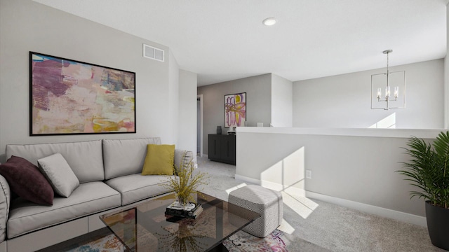 living room with a notable chandelier and carpet flooring