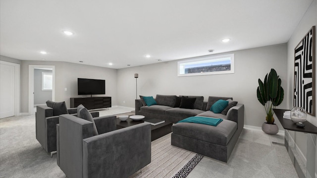 living room featuring light colored carpet