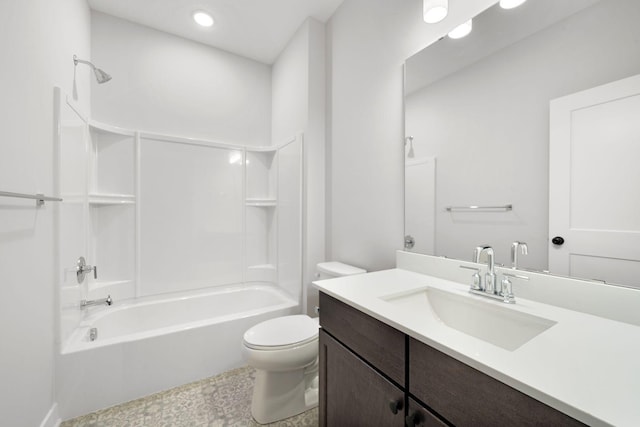 full bathroom with toilet, vanity, bathtub / shower combination, and tile patterned flooring