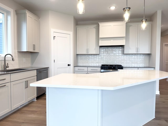 10142 Arrowwood Trl, Woodbury, MN 55129 - kitchen with a sink, stainless steel dishwasher, stove, decorative backsplash, and wood finished floors