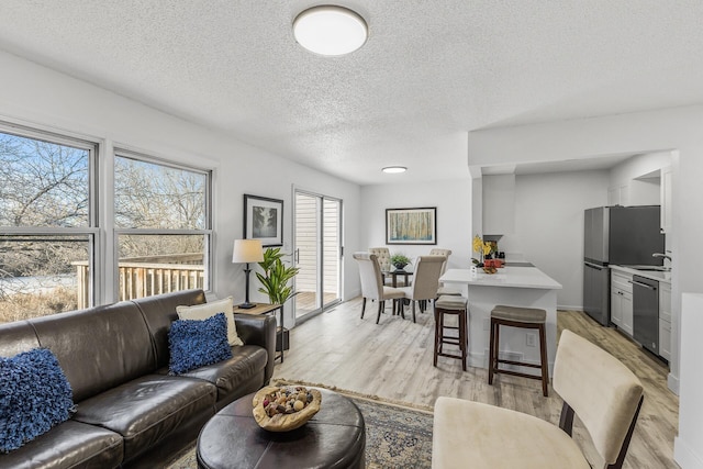 living room with a textured ceiling and light wood-type flooring