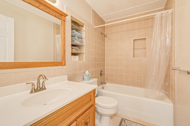 full bathroom with decorative backsplash, vanity, shower / bathtub combination with curtain, tile walls, and toilet