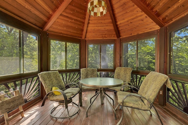 sunroom with vaulted ceiling with beams and wood ceiling