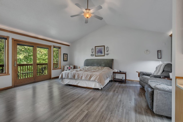 bedroom with access to exterior, ceiling fan, light hardwood / wood-style floors, and lofted ceiling