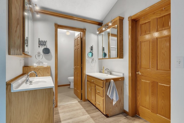 bathroom featuring hardwood / wood-style floors, vanity, toilet, and vaulted ceiling