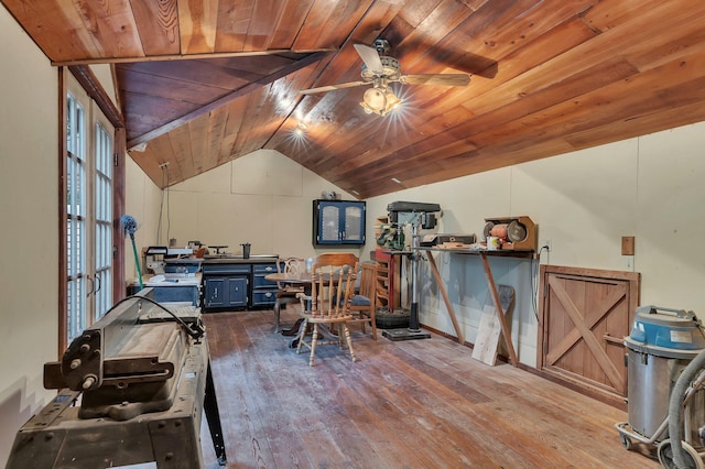 office area featuring lofted ceiling, light hardwood / wood-style floors, ceiling fan, and wooden ceiling