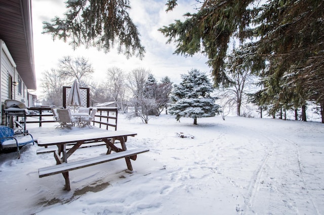 view of yard layered in snow