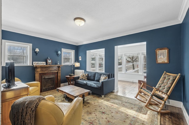 interior space with crown molding, a fireplace, baseboards, and wood finished floors