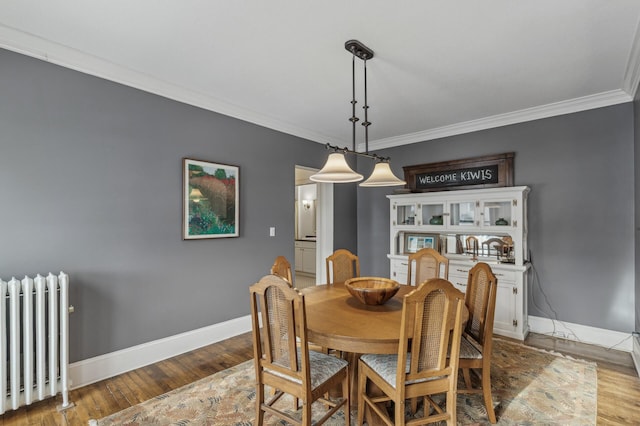 dining room with hardwood / wood-style flooring, crown molding, and radiator heating unit