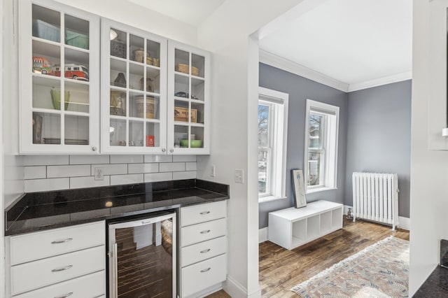 bar with wine cooler, wood finished floors, backsplash, radiator heating unit, and crown molding