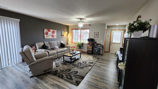 living room featuring hardwood / wood-style floors, a textured ceiling, and ceiling fan