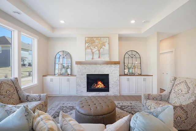 living room with a raised ceiling, light hardwood / wood-style floors, and a stone fireplace