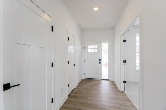 foyer entrance with plenty of natural light and light hardwood / wood-style flooring