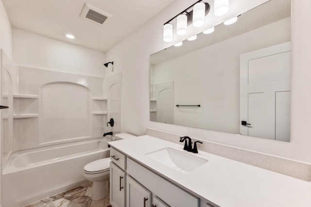 full bathroom featuring shower / bathtub combination, toilet, and vanity