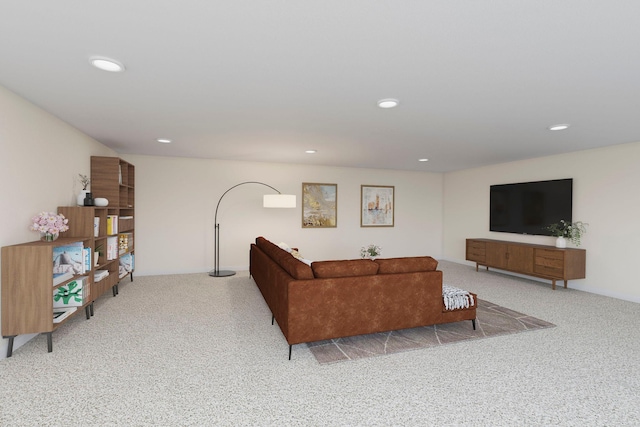 carpeted living room featuring recessed lighting