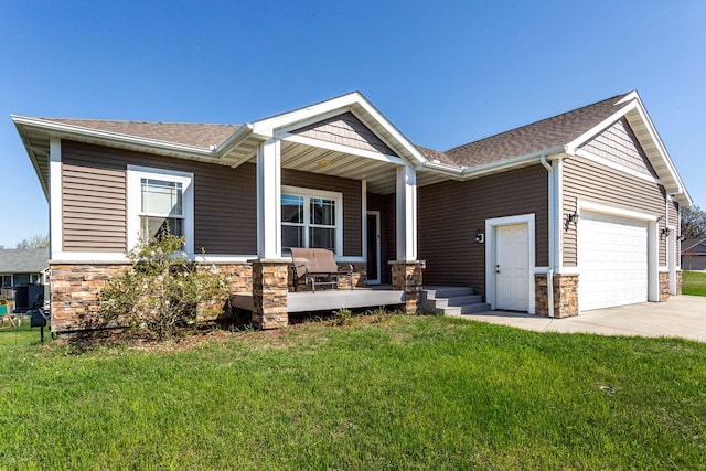 view of front of house with a porch, concrete driveway, an attached garage, and stone siding