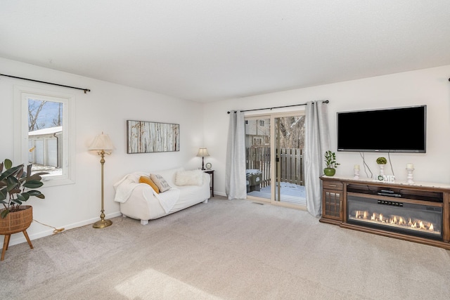 living room with light colored carpet