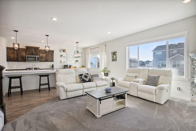 living room featuring dark colored carpet and sink