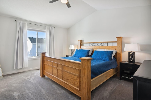 carpeted bedroom with ceiling fan and lofted ceiling