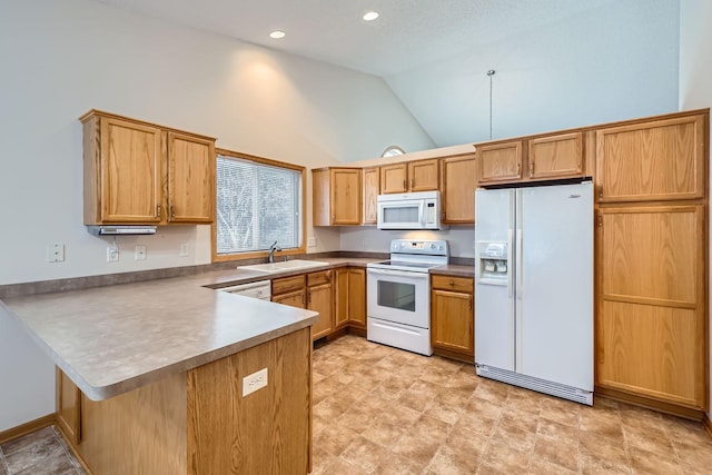 kitchen featuring high vaulted ceiling, sink, white appliances, and kitchen peninsula